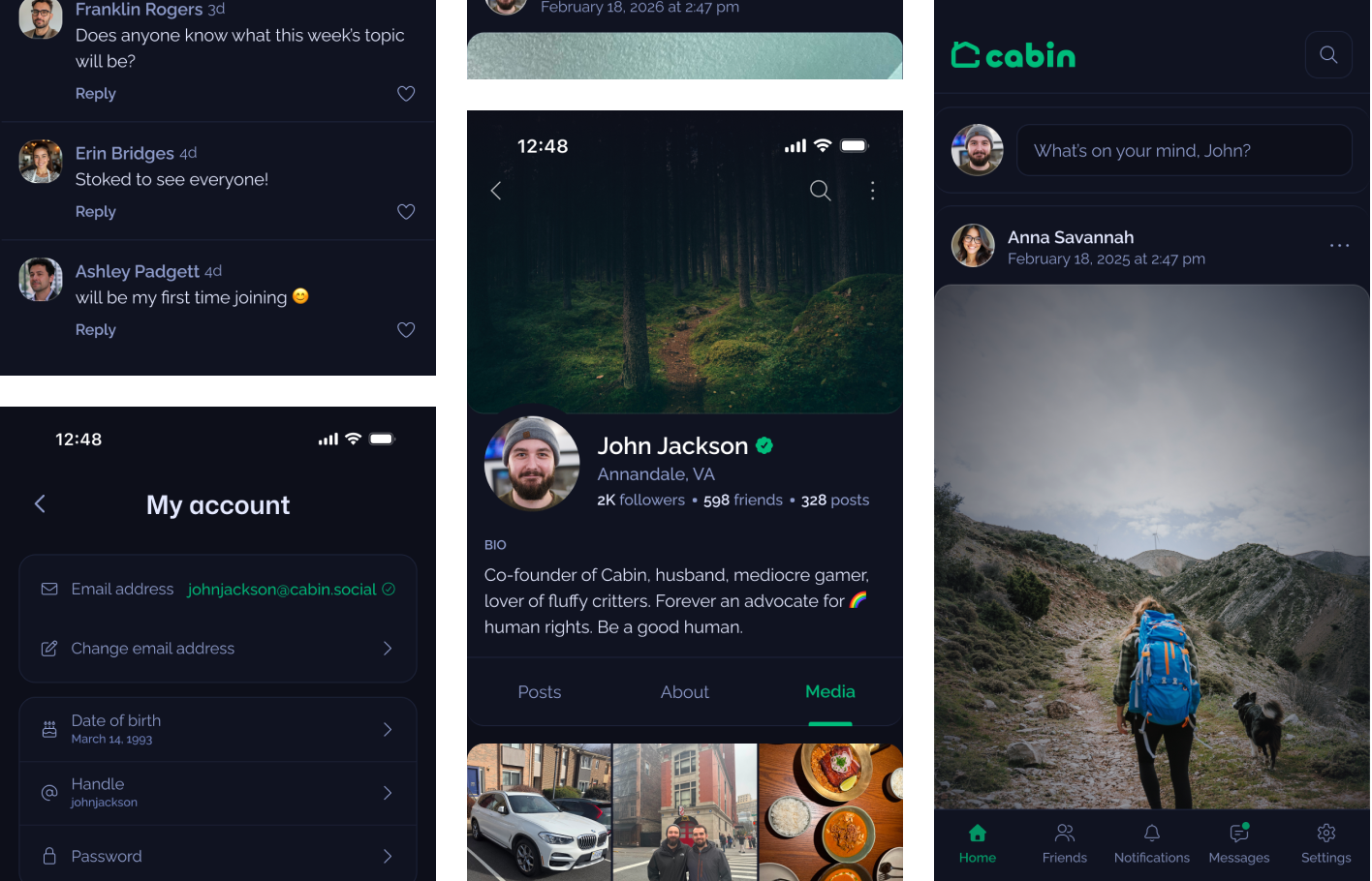 Preview of Cabin's user profile, feed, and settings screens