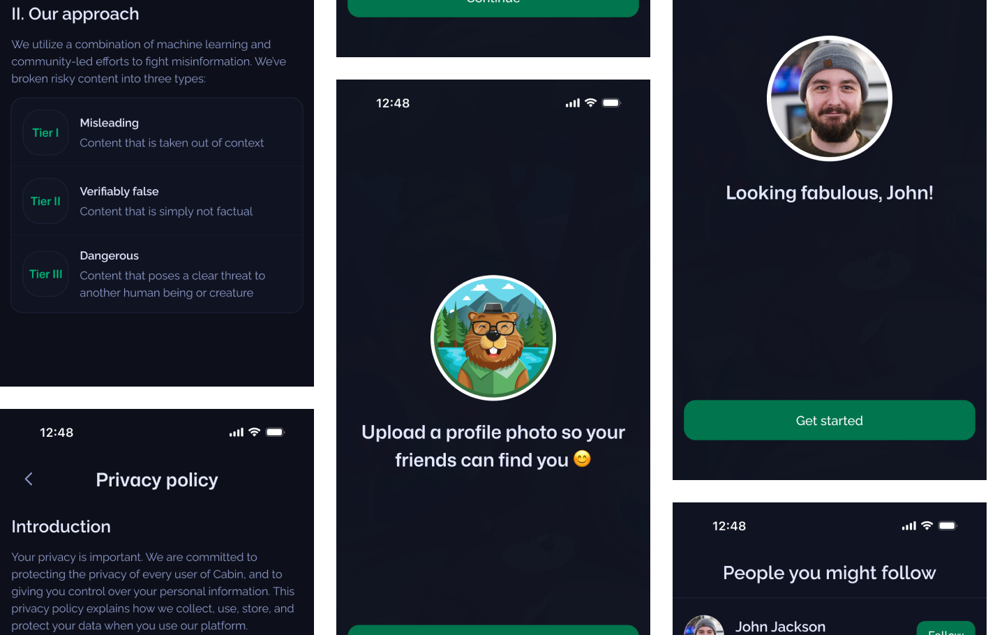 Preview of Cabin's onboarding screens
